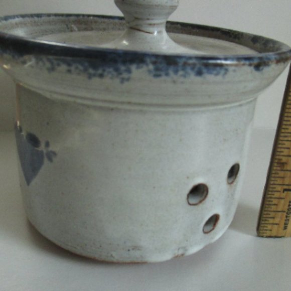 Little Crock with lid Blue Heart vintage Owens Pottery Seagrove North Carolina - Picture 3 of 5